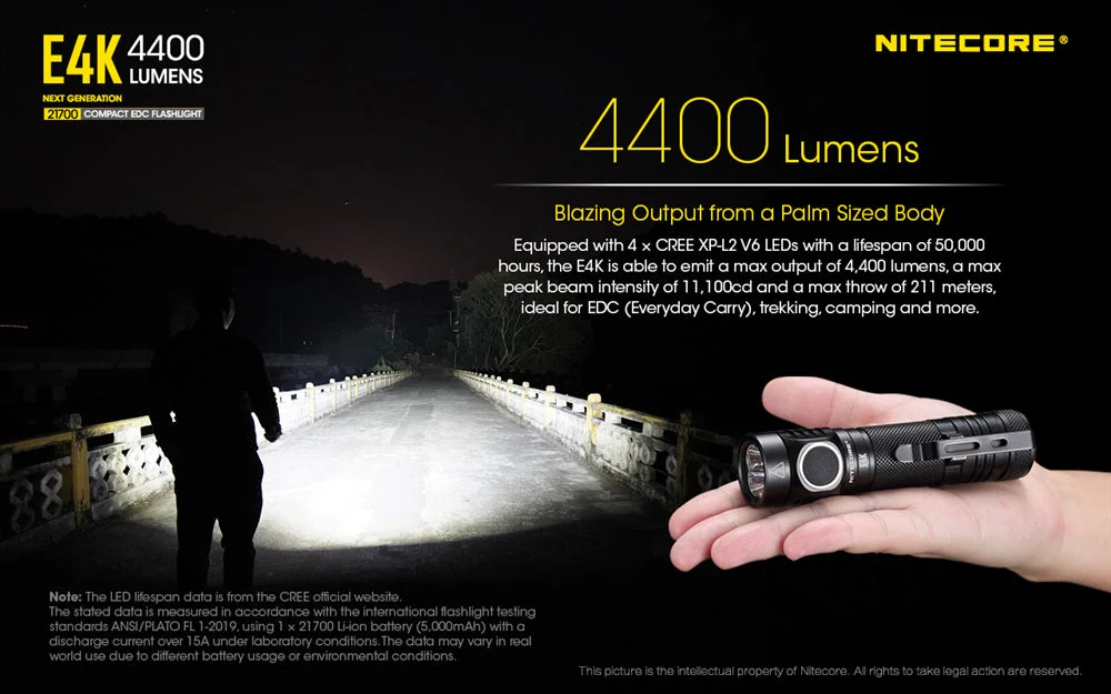 Nitecore E4K 4400 Lumen EDC Flashlight, with 5000mAh USB-C Rechargeable Battery - Image 2