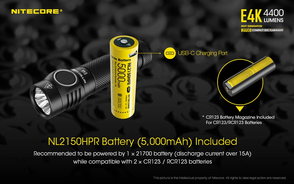 Nitecore E4K 4400 Lumen EDC Flashlight, with 5000mAh USB-C Rechargeable Battery - Image 4