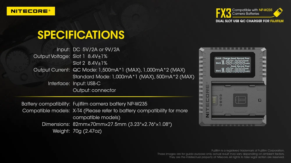Nitecore FX3 2-Slot USB-C QC Camera Battery Charger for Fujifilm X-T4 - Image 11
