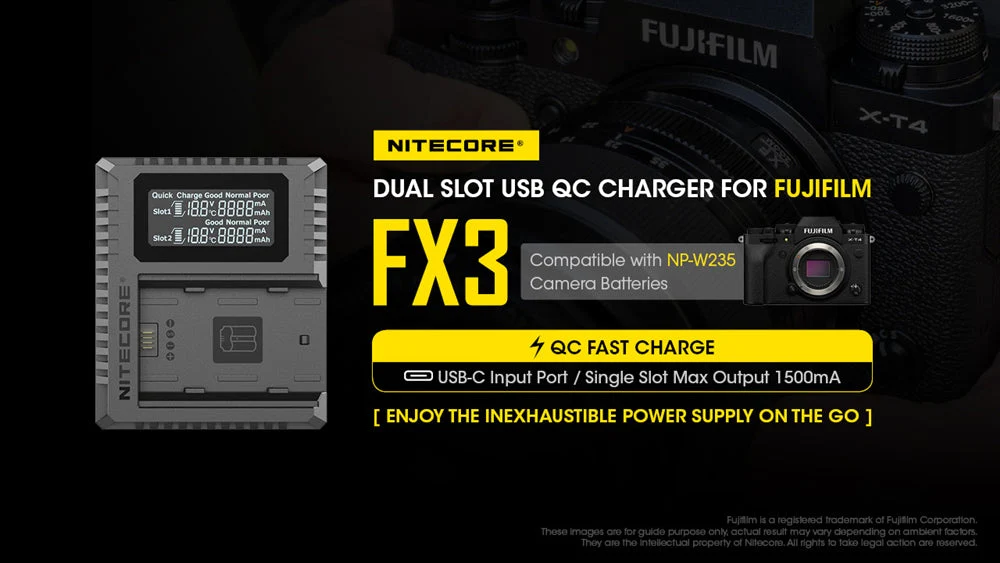 Nitecore FX3 2-Slot USB-C QC Camera Battery Charger for Fujifilm X-T4 - Image 2