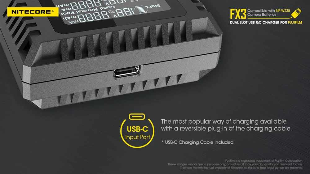Nitecore FX3 2-Slot USB-C QC Camera Battery Charger for Fujifilm X-T4 - Image 3