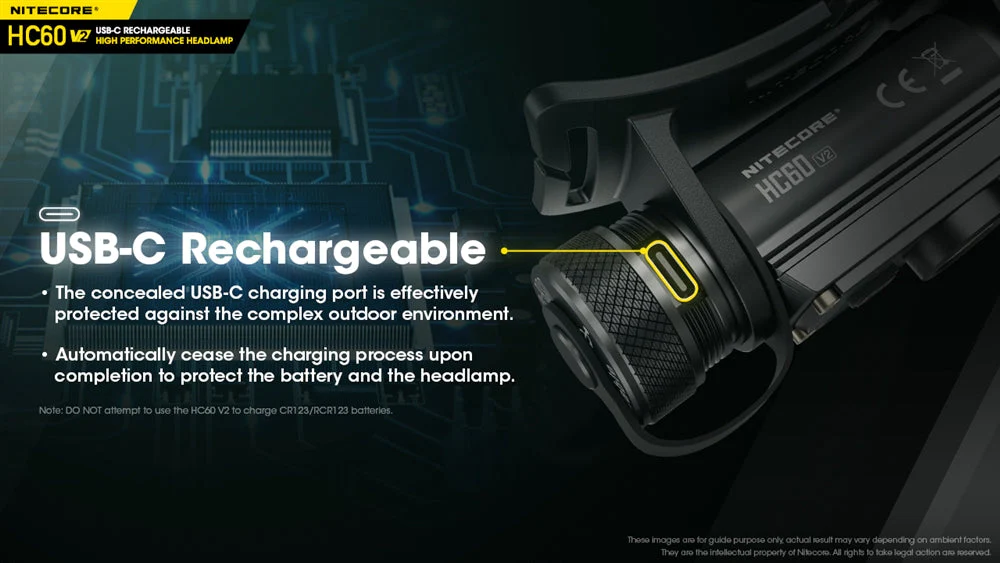 Nitecore HC60 v2 1200 Lumen USB-C Rechargeable Headlamp with 3400mAh 18650 Rechargable Battery (Cool White or Neutral White) - Image 3