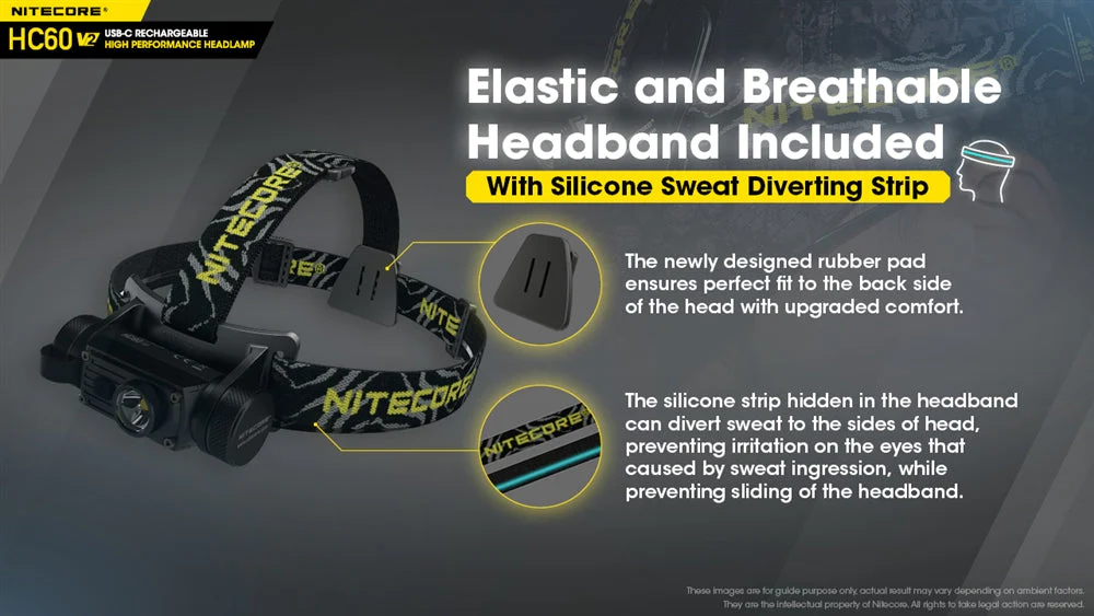 Nitecore HC60 v2 1200 Lumen USB-C Rechargeable Headlamp with 3400mAh 18650 Rechargable Battery (Cool White or Neutral White) - Image 7