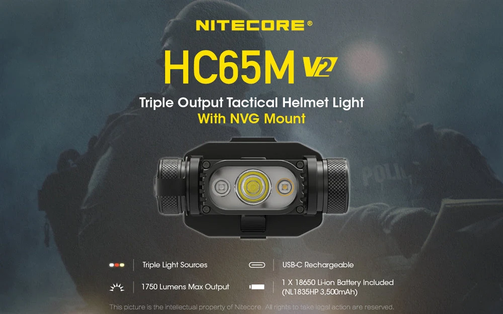 Nitecore HC65M v2 1750 Lumens NVG Mountable Helmet Light, White and Red LED - Image 2