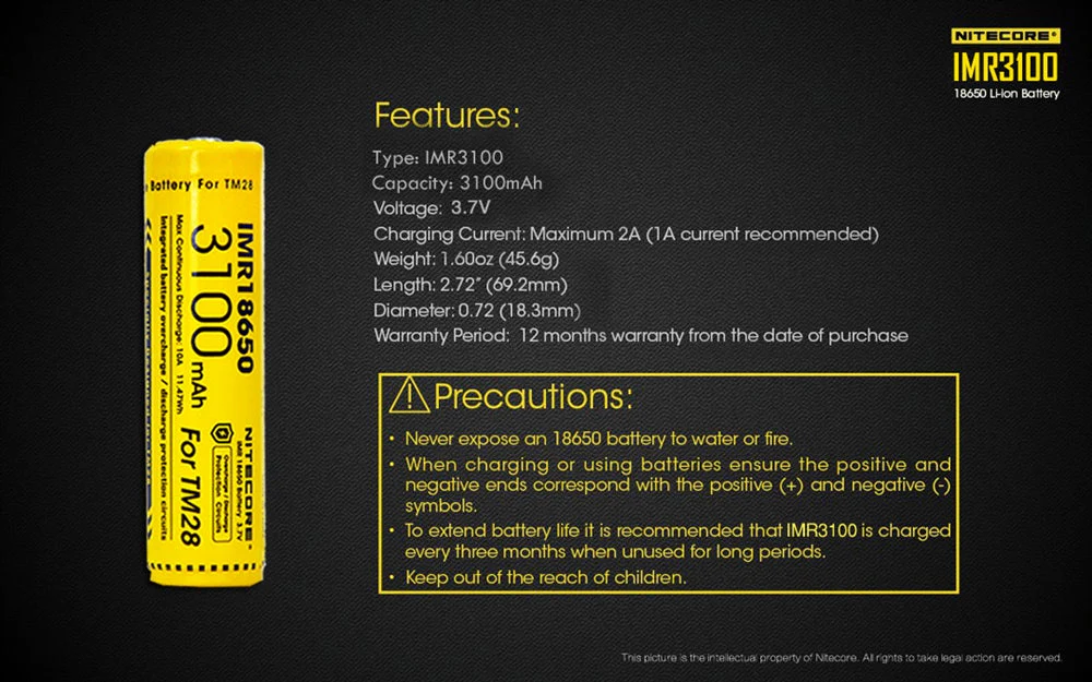 Nitecore IMR3100 3100mAh 18650 Battery for TM28, Concept 1 Flashlights - Image 4
