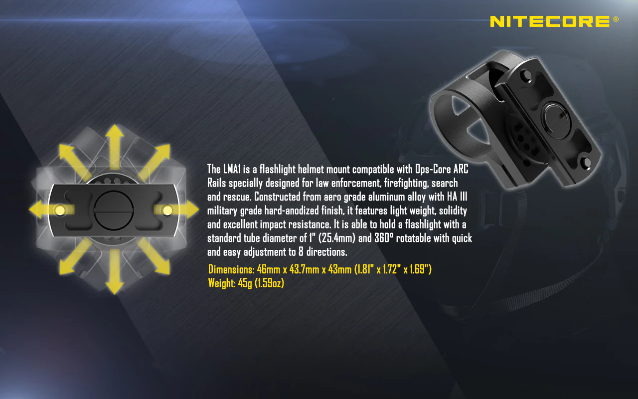 Nitecore LMA1 Rotary Flashlight Helmet Mount - Image 4