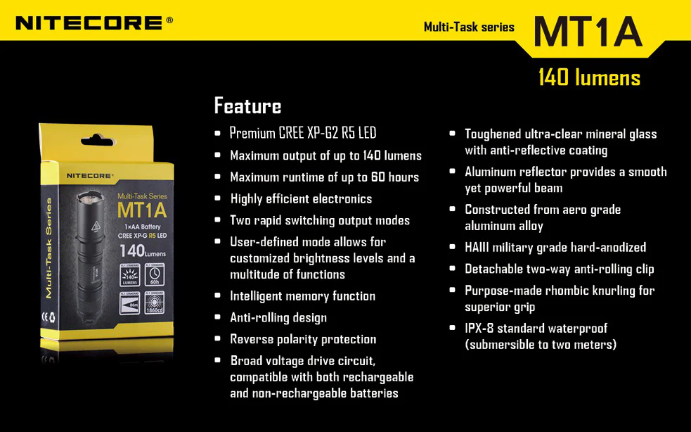 Nitecore MT1A 180 Lumen EDC LED Flashlight, use 1x AA Battery - Image 9