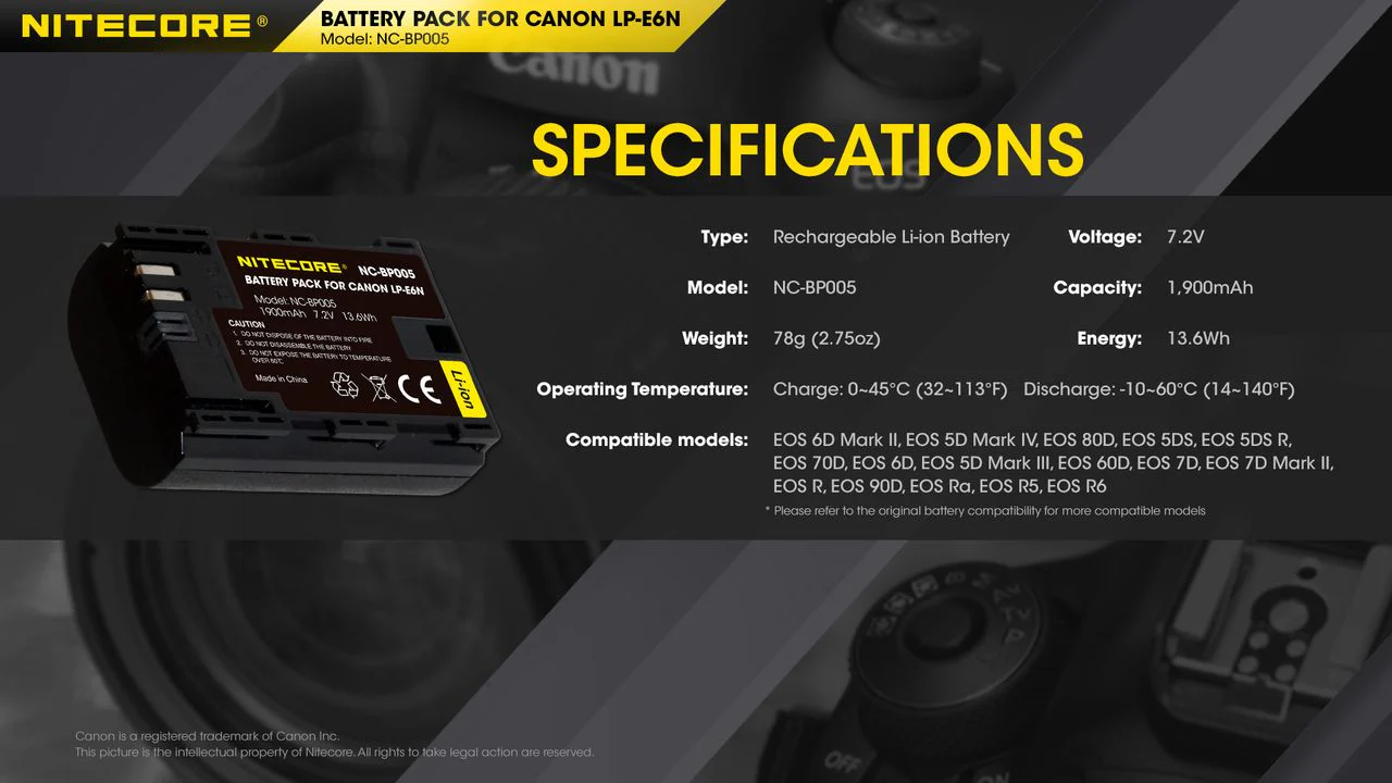 Nitecore NC-BP005 Camera Battery Compatible with Canon LP-E6N - Image 2