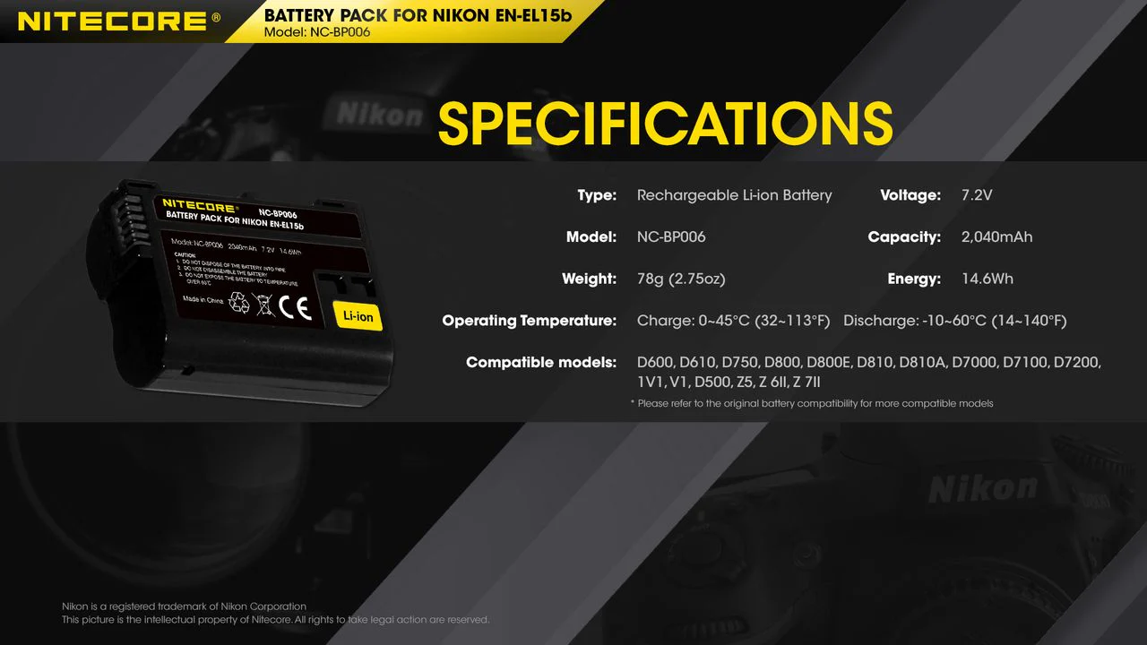 Nitecore NC-BP006 Camera Battery Compatible with Nikon EN-EL15B - Image 2
