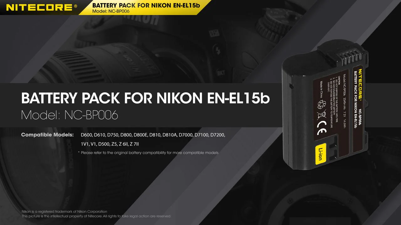 Nitecore NC-BP006 Camera Battery Compatible with Nikon EN-EL15B - Image 3