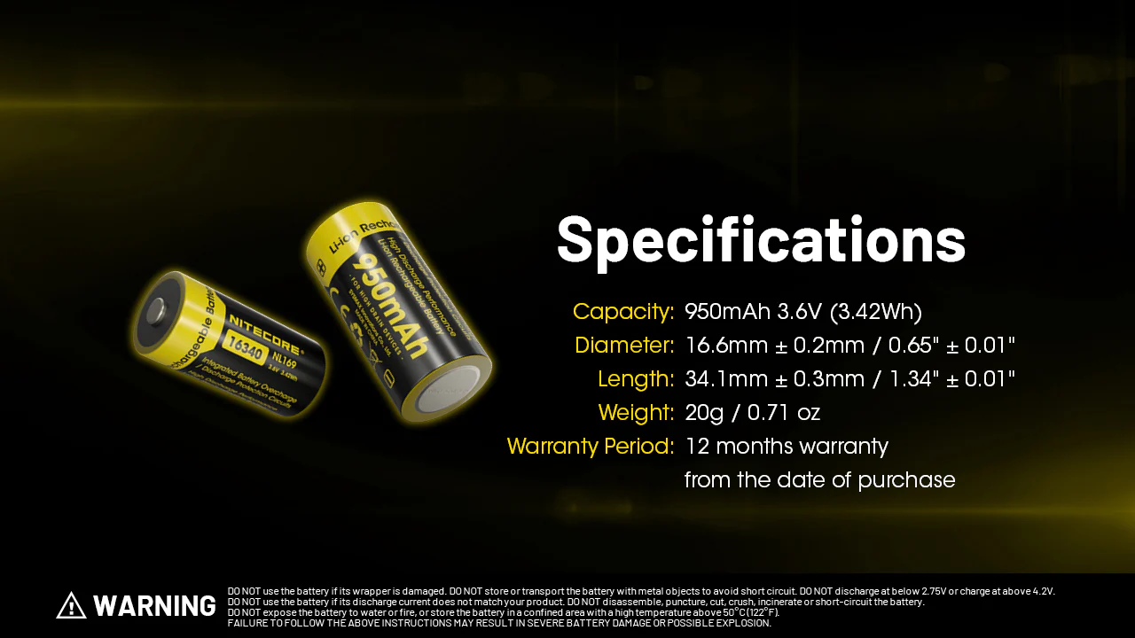 Nitecore NL169 950mAh Rechargeable RCR123A 16340 Battery - Image 10