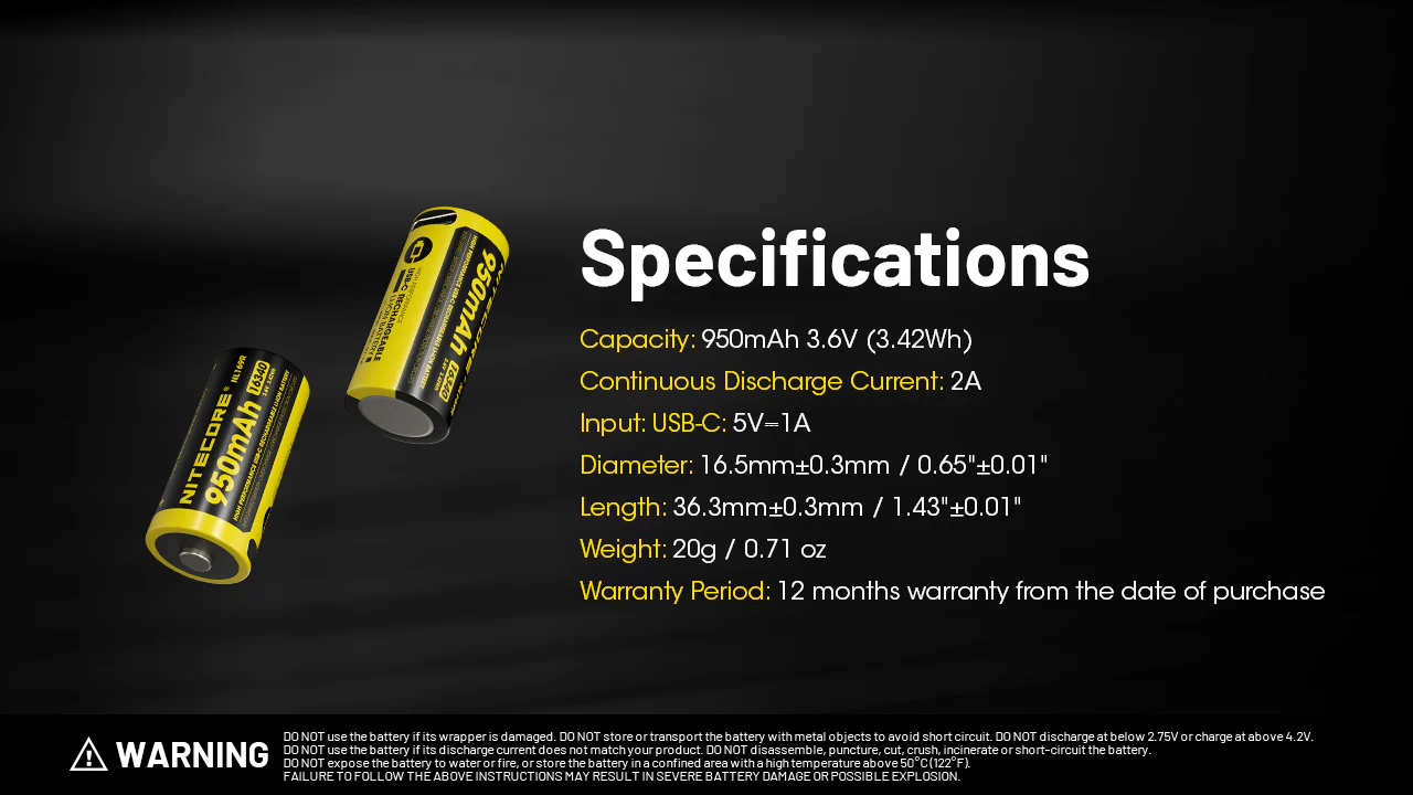 Nitecore NL169R 950mAh Rechargeable RCR123 16340 Battery with USB-C Charging Port - Image 12