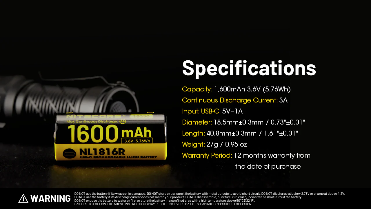 Nitecore NL1816R 1600mAh USB-C Rechargeable Battery, Customized for MT1C Pro - Image 12