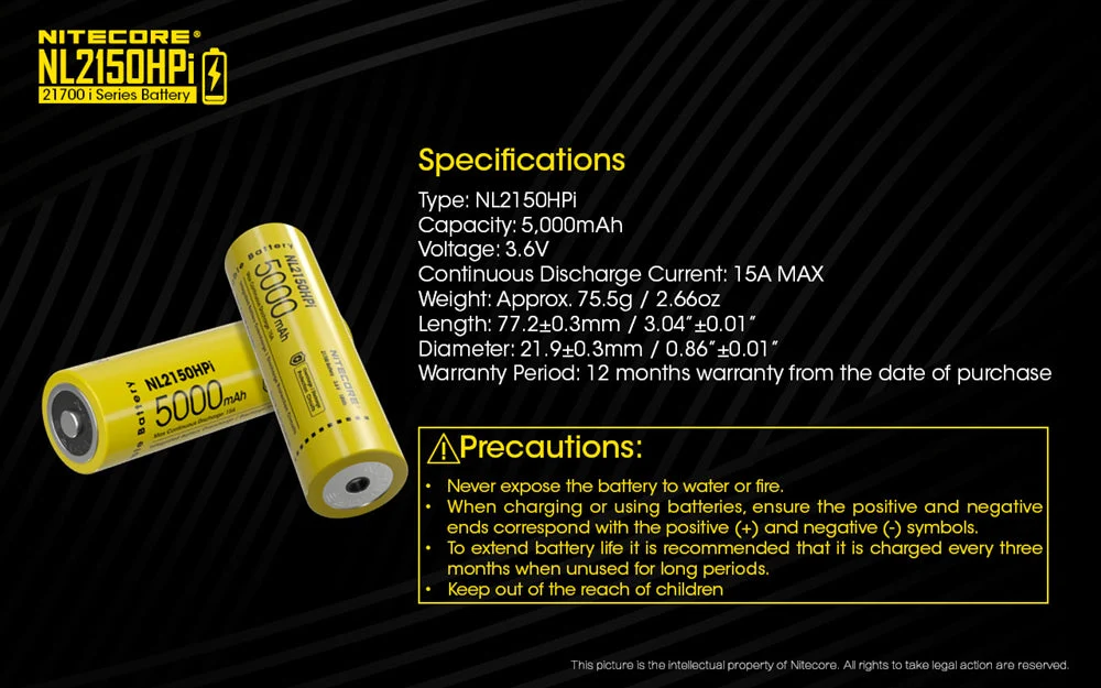Nitecore NL2150HPI 5000mAh Rechargeable Battery for i Series Flashlights (P20i, P20iX, SRT6i, etc) - Used - Image 5