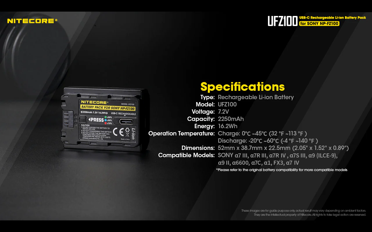 NITECORE UFZ100 Camera Battery for Sony NP-FZ100 - Image 10