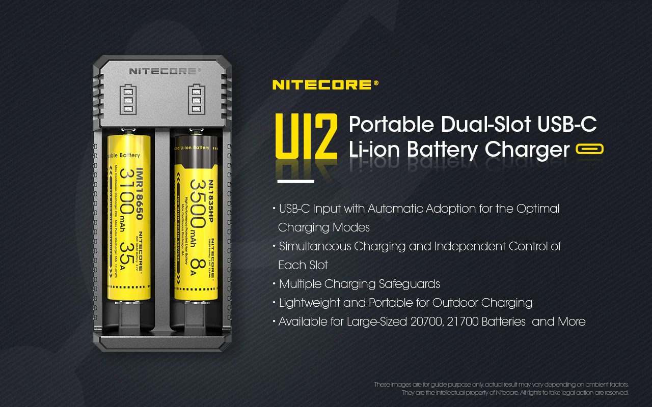 Nitecore UI2 Dual-Slot USB-C Charger, for 18650, 21700, 18350, 20700 Batteries - Image 2
