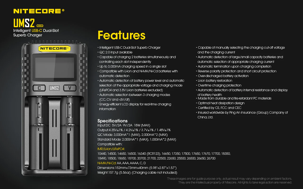 Nitecore UMS2 Dual-Slot USB-C Fast Charger, for 18650, 21700 batteries - Image 11