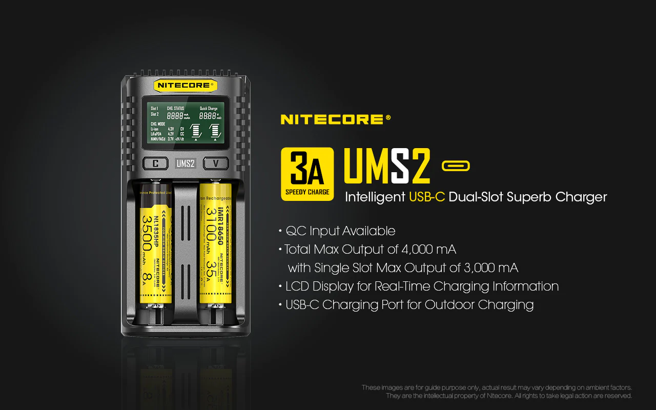 Nitecore UMS2 Dual-Slot USB-C Fast Charger, for 18650, 21700 batteries - Image 2