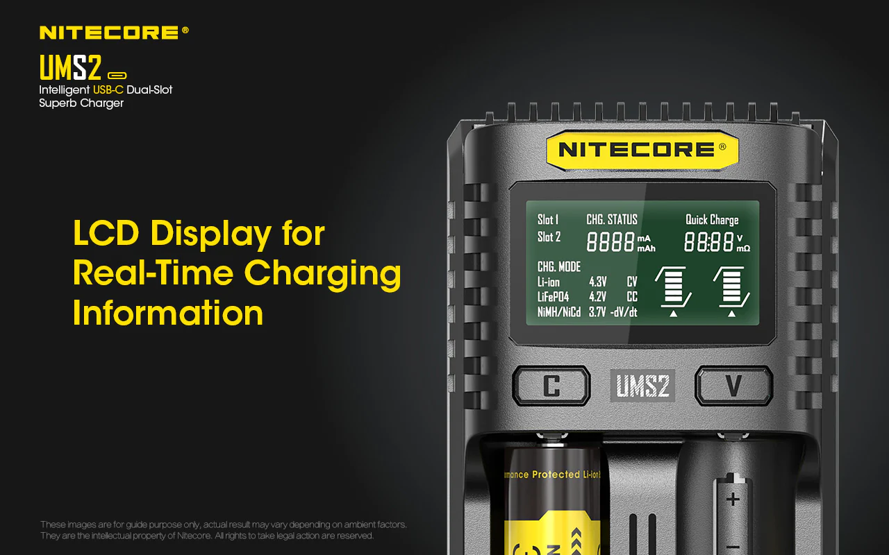 Nitecore UMS2 Dual-Slot USB-C Fast Charger, for 18650, 21700 batteries - Image 5