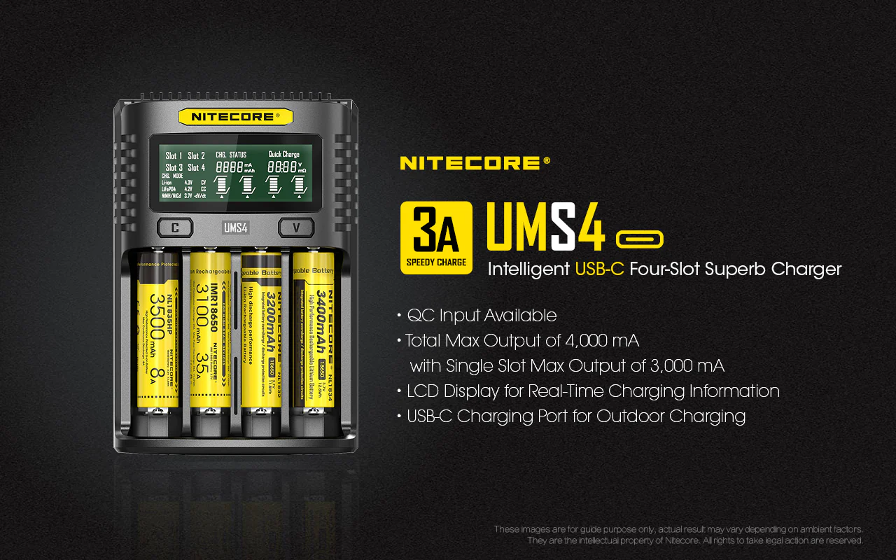 Nitecore UMS4 USB Four-Slot USB-C Fast Charger, for 18650, 21700 Batteries - Image 2