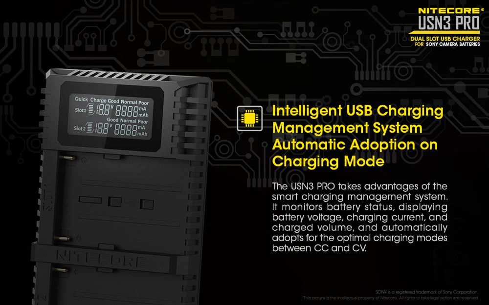Nitecore USN3 Pro Dual-Slot USB Charger, for Sony Camera Batteries - Image 6