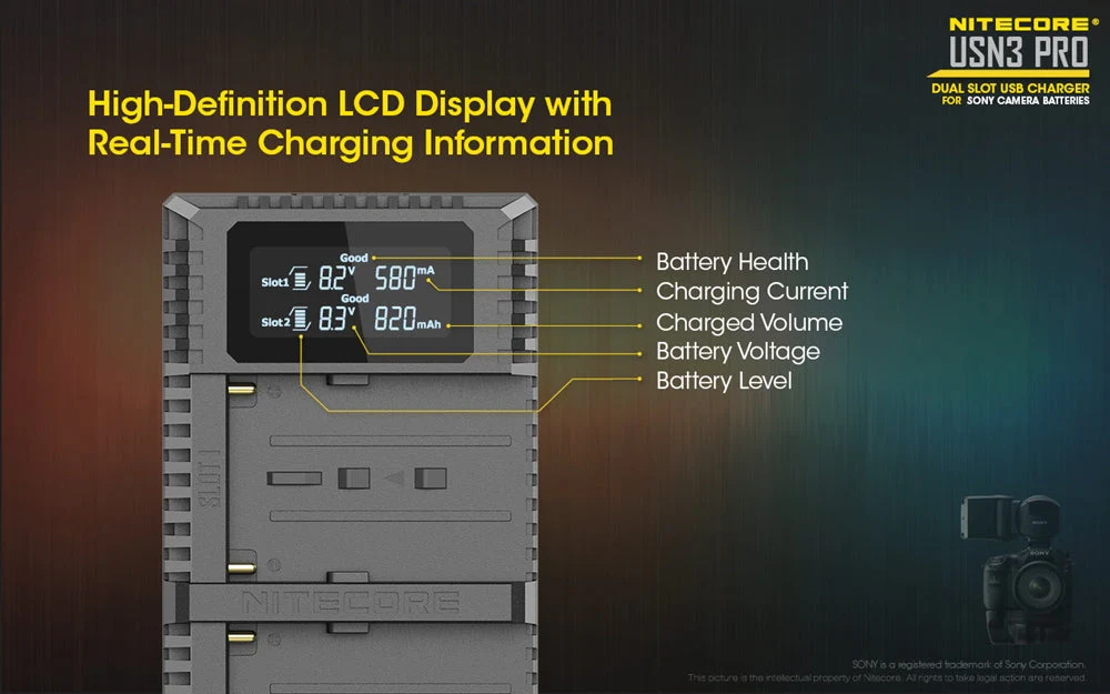 Nitecore USN3 Pro Dual-Slot USB Charger, for Sony Camera Batteries - Image 7