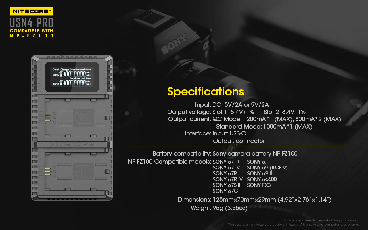 Nitecore USN4 Pro Dual-Slot USB-C Camera Charger, for Sony NP-FZ100 Batteries - Image 12
