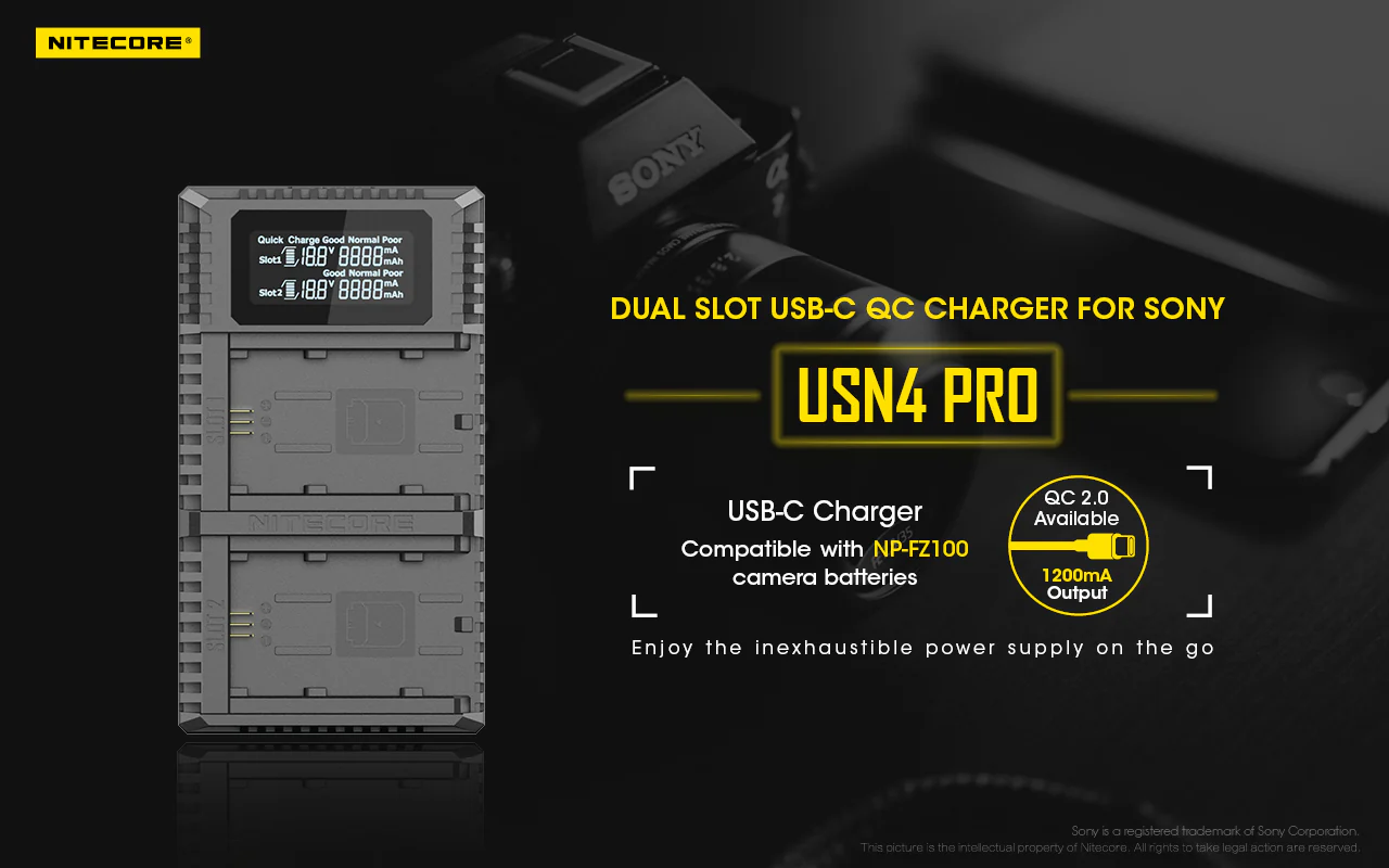 Nitecore USN4 Pro Dual-Slot USB-C Camera Charger, for Sony NP-FZ100 Batteries - Image 2