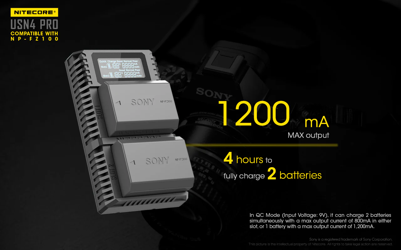 Nitecore USN4 Pro Dual-Slot USB-C Camera Charger, for Sony NP-FZ100 Batteries - Image 3