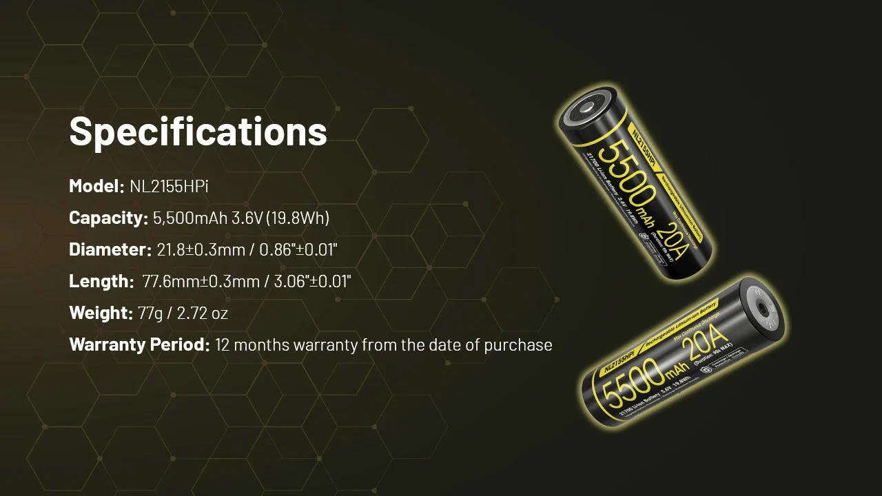 Nitecore NL2155HPi 5500mAh Rechargeable 21700 Battery for i Series (P20iX, P23i, SRT7i, and More) - Image 11
