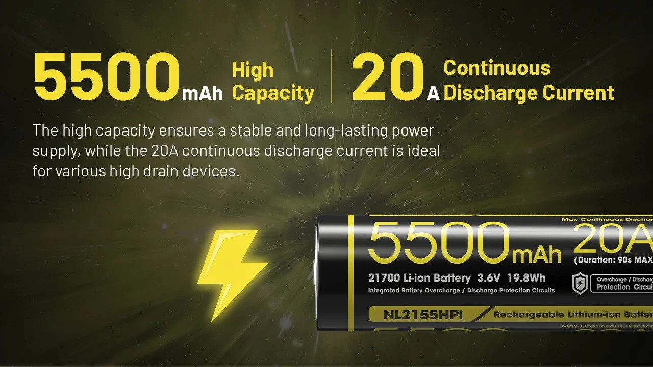 Nitecore NL2155HPi 5500mAh Rechargeable 21700 Battery for i Series (P20iX, P23i, SRT7i, and More) - Image 5